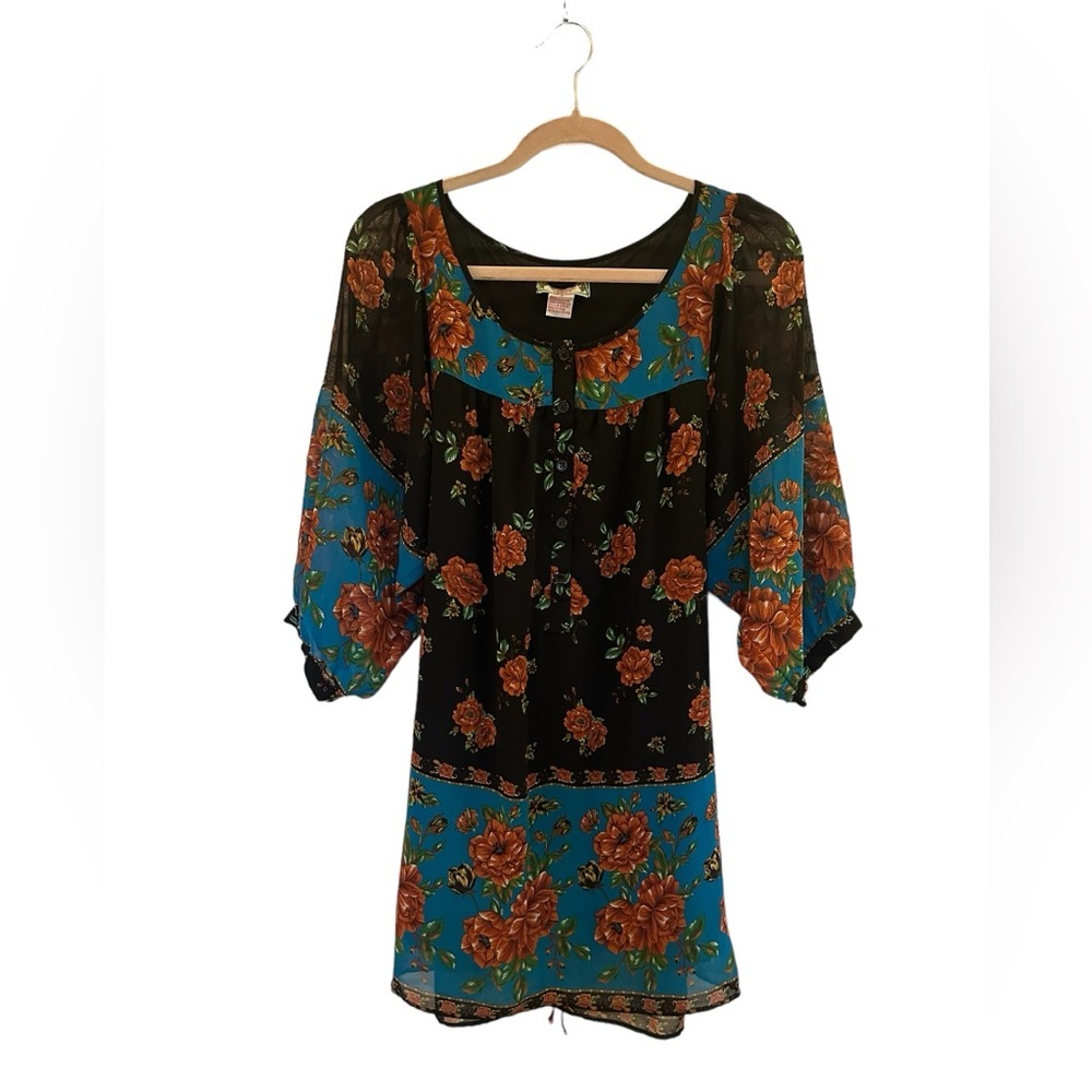 Vintage Boho Flying Tomato Women’s Sheer Tunic with Flower Detail Size Small